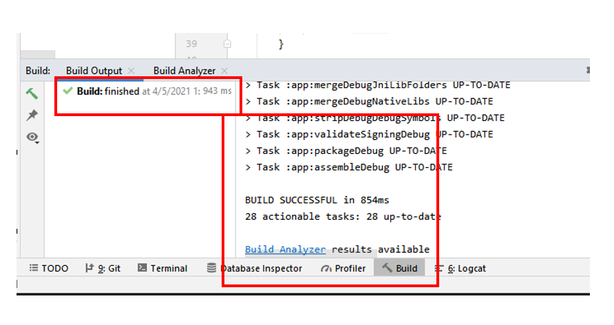 Screenshot showing successful build in Android Studio